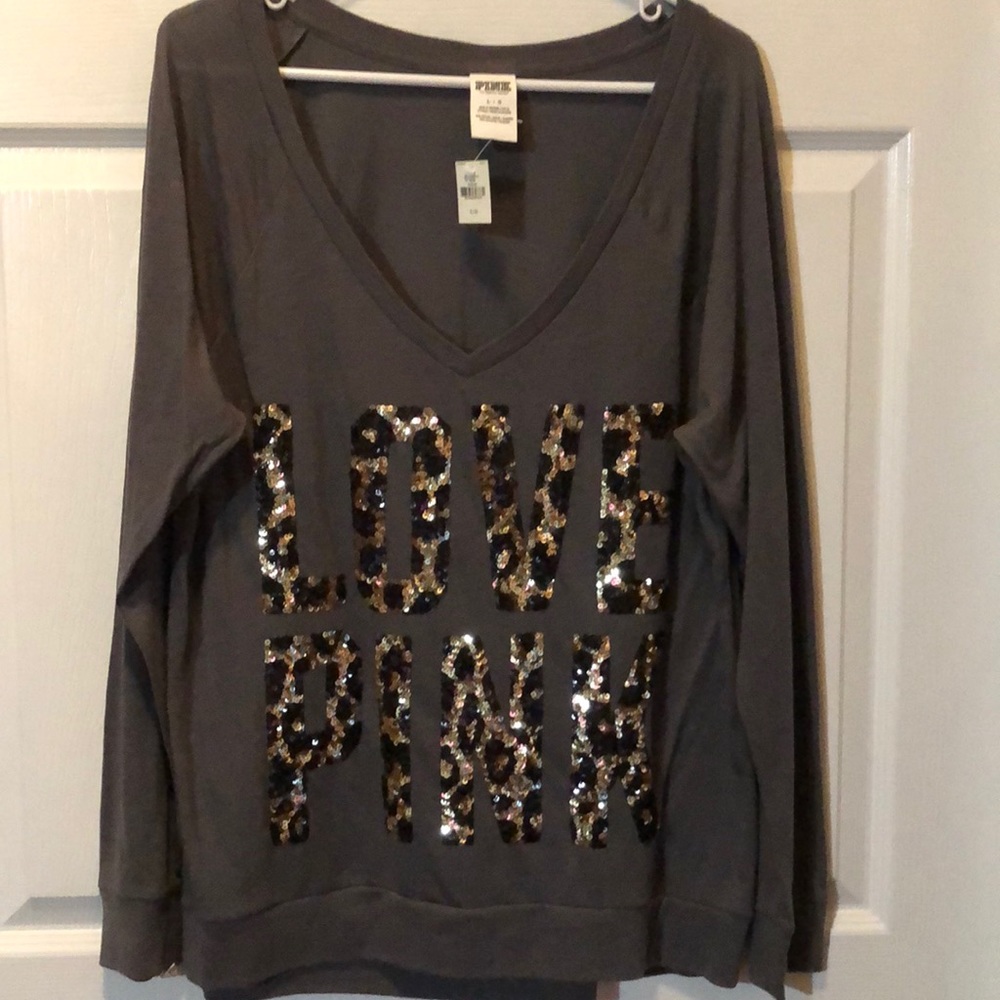 Grey long sleeve LOVE PINK shirt. Large